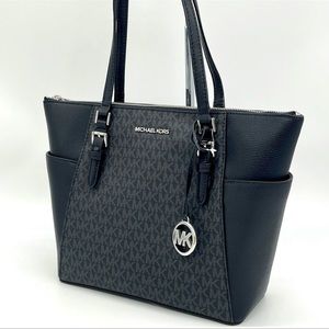 Michael Kors Charlotte Top Zip Tote Bag Black Leather